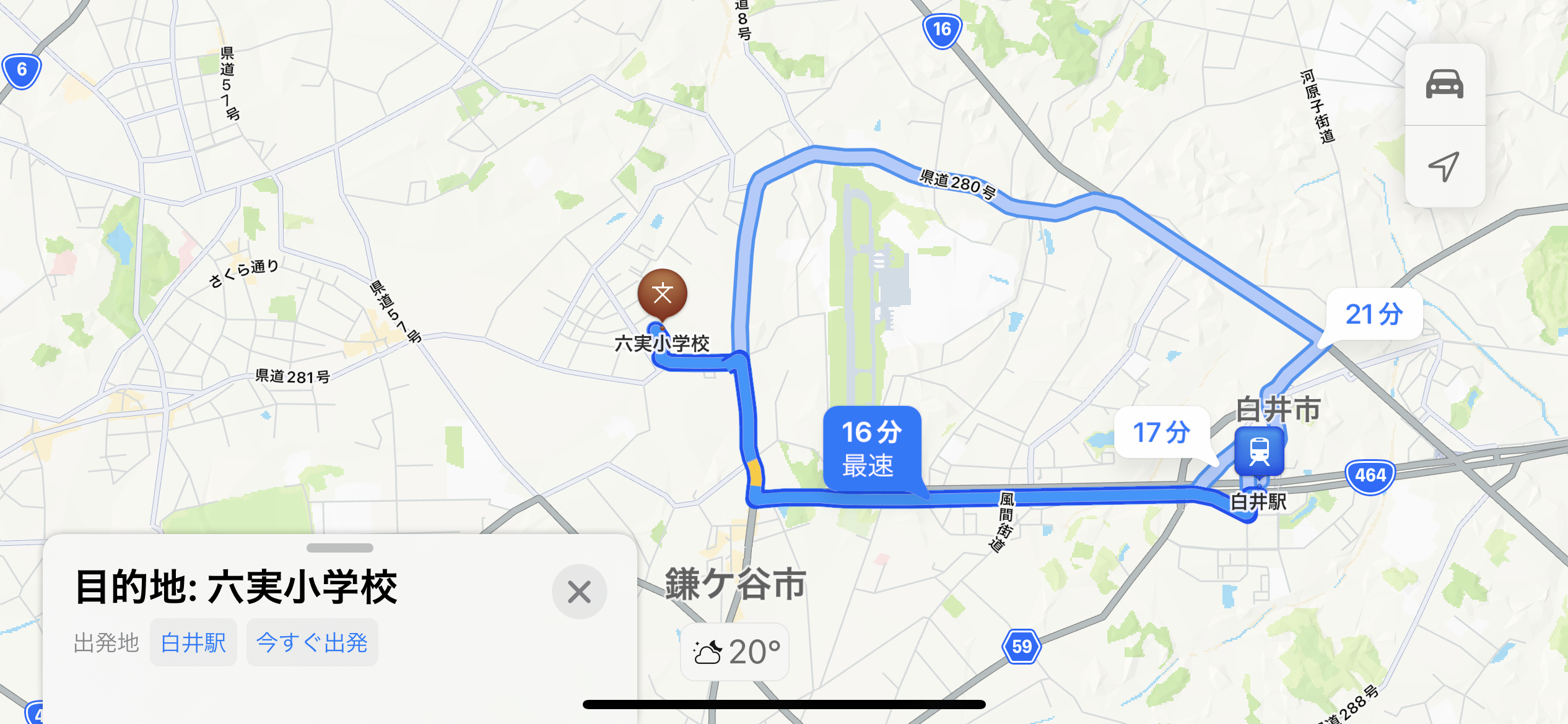 白井駅から松戸市立六実小学校の経路