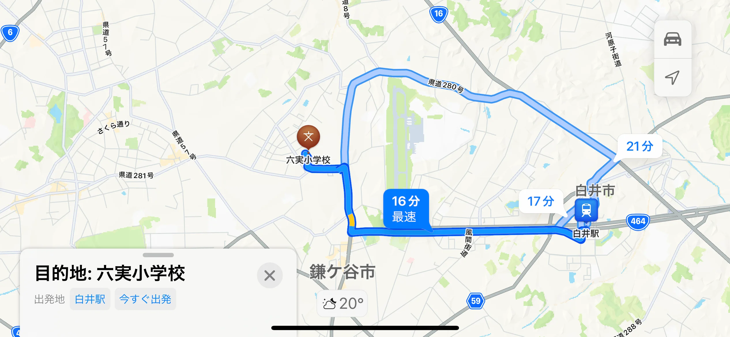 白井駅から松戸市立六実小学校の経路